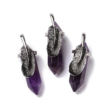Natural Amethyst Pendants, with Antique Silver Tone Brass Findings, Cadmium Free & Lead Free, Double Terminal Pointed Bullet with Leaf, 44~47x14~15x14~15mm, Hole: 6.2x3.5mm