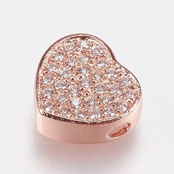 Brass Micro Pave Cubic Zirconia Beads, Heart, Clear, Rose Gold, 9x9.5x4mm, Hole: 1.2mm