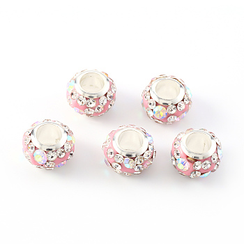 Handmade Polymer Clay Rhinestone European Beads, Large Hole Beads, with Brass Silver Color Core, Rondelle, Pink, 11x7.5mm, Hole: 5mm