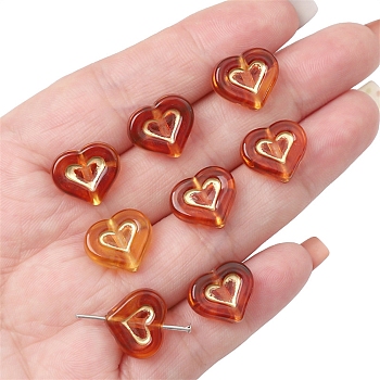 Imitation Amber Transparent Acrylic Beads, Chocolate, Metal Enlaced, Heart, 12.5x14.5x5mm, Hole: 1.6mm, about 25pcs/bag