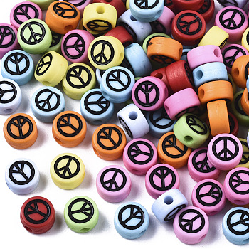 Opaque Acrylic Beads, with Enamel, Flat Round with Peace Sign, Mixed Color, 7x4mm, Hole: 1.6mm, about 3650pcs/500g