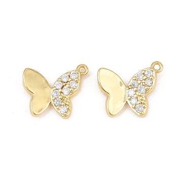 Brass Micro Pave Clear Cubic Zirconia Pendants, Butterfly Charms, Rack Plating, Long-Lasting Plated, Lead Free & Cadmium Free, Real 18K Gold Plated, 15.5x13x2.5mm, Hole: 1.1mm