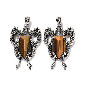 Natural Tiger Eye Faceted Big Pendants, Dragon Charms, with Antique Silver Plated Alloy Findings, 52x33x8mm, Hole: 6x4mm