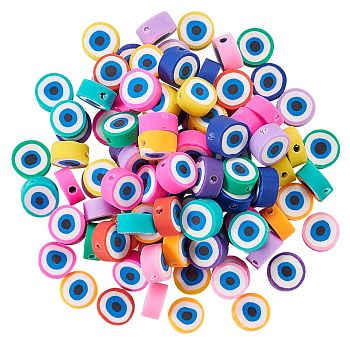 100Pcs Handmade Polymer Clay Beads, Flat Round with Eye, Mixed Color, 10.5~11x5mm, Hole: 1.2mm