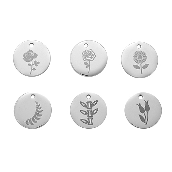 12Pcs 6 Style 304 Stainless Steel Plant Charms, Laser Cut, Flat Round, Stainless Steel Color, 2pcs/style