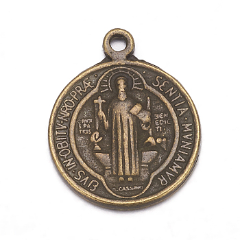 Tibetan Style Alloy Pendants, Saint Benedict Medal, Cadmium Free & Nickel Free & Lead Free, Flat Round, Antique Bronze Color, Size: about 21mm long, 18mm wide, 2mm thick, hole: 1mm