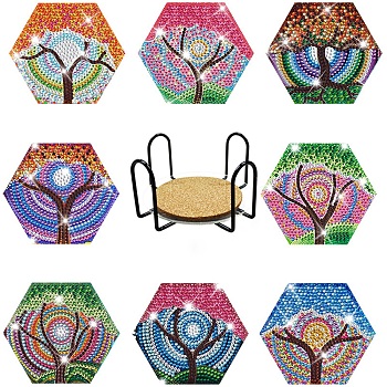 DIY Diamond Painting Tree Pattern Hexagon Coaster Kit, Including Acrylic Board, Resin Rhinestones Bag, Diamond Sticky Pen, Tray Plate and Glue Clay, Mixed Color, 100mm, 8pcs/set