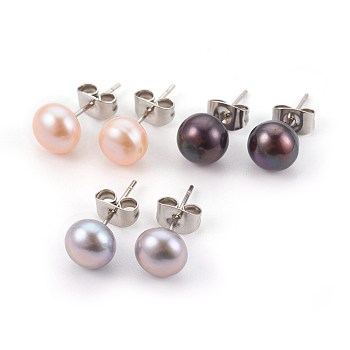 Natural Pearl Beads Ear Studs, with 304 Stainless Steel Findings, Round, Mixed Color, 16~18x5~7mm, Pin: 0.7mm