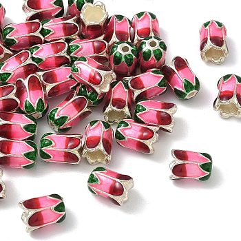 Alloy Enamel Beads, Flower, Silver, Hot Pink, 11x8mm, Hole: 1.8mm and 4.5mm