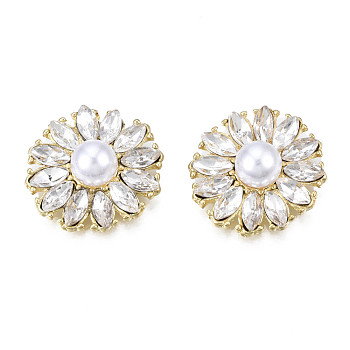 Rack Plating Alloy Cabochons, with Crystal Rhinestone and ABS Plastic Imitation Pearl, Golden, Cadmium Free & Lead Free, Flower, White, 21x19x9mm