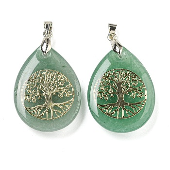 Natural Green Aventurine Teardrop Pendants, Golden Tree of Life Charms with Rack Plating Platinum Tone Brass Snap on Bails, Platinum, Cadmium Free & Lead Free, 37x23x7mm, Hole: 5x4mm