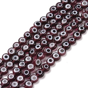 Handmade Lampwork Beads, Flat Round with Evil Eye, Dark Violet, 4.5x2.5mm, Hole: 0.6mm, about 90~100pcs/strand, 15.35''~15.75''(39~40cm)