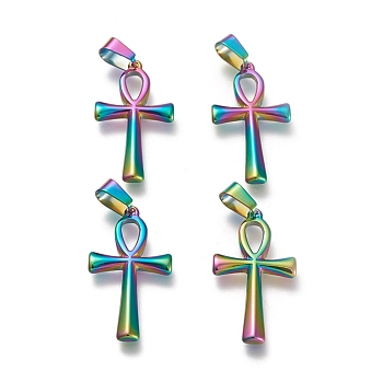 Easter Theme Ion Plating(IP) 304 Stainless Steel Pendants, Laser Cut, Ankh Cross, Rainbow Color, 30x16x2mm, Hole: 4x7mm
