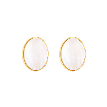 Natural Shell Oval Stud Earrings, 304 Stainless Steel Earrings, Golden, 12x10mm