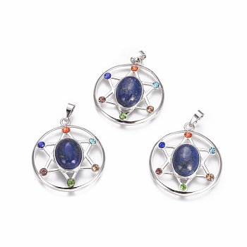 Chakras Style, Natural Lapis Lazuli Pendants, with Platinum Tone Brass Findings and Rhinestone, Flat Round with Star, Dyed, 38.5x34x8.5mm, Hole: 7x4mm