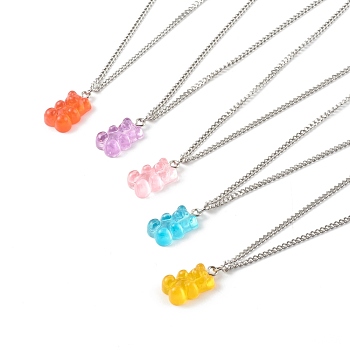 Transparent Resin Bear Pendant Necklaces, with 304 Stainless Steel Lobster Claw Clasps, Stainless Steel Color, Mixed Color, 15.87 inch(40.3cm)