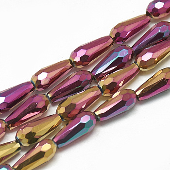 Electroplate Glass Beads Strands, Faceted Teardrop, Camellia, 9~9.5x4mm, Hole: 1mm, about 72pcs/strand, 25.98 inch