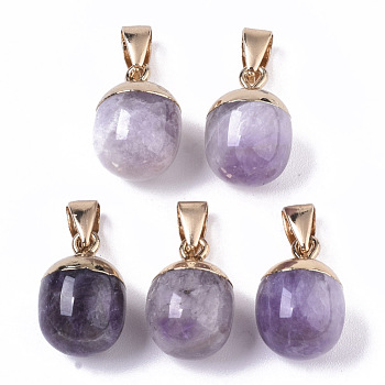 Top Golden Plated Natural Amethyst Pendants, with Iron Snap on Bails & Loop, Barrel, 17~19x11.5~12.5mm, Hole: 4x6mm