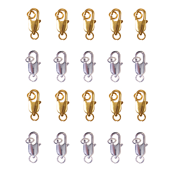 Brass Lobster Claw Clasps, with Jump Rings, Golden & Silver, 18x6mm, Hole: 3mm, 2 colors, 10pcs/color, 20pcs/box