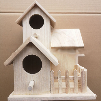 Unpainted Wood Bird House, Mini Bird Feeder House, with Pole & Two Opening, Pet Supplies, Antique White, 15.5x15.5x20.5cm
