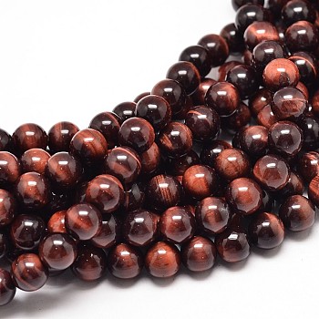 Natural Red Tiger Eye Round Bead Strands, Dyed & Heated, 6mm, Hole: 1mm, about 62pcs/strand, 15 inch