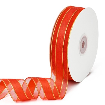 Solid Color Organza Ribbons, Golden Wired Edge Ribbon, for Party Decoration, Gift Packing, Orange Red, 1"(25mm), about 50yard/roll(45.72m/roll)