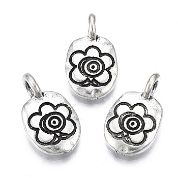 Tibetan Style Alloy Pendants, Cadmium Free & Lead Free, Oval with Flower, Antique Silver, 19x11x7mm, Hole: 3mm