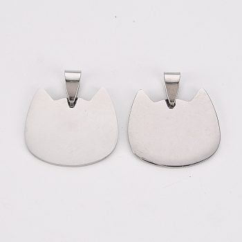 304 Stainless Steel Pendants, Stamping Blank Tag, Laser Cut, Cat Head, Stainless Steel Color, 22.5x25x1mm, Hole: 8x4mm