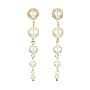 Brass Dangle Stud Earrings, Natural Pearl Beaded Tassel Earrings, White, 62x10mm