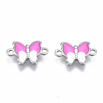 304 Stainless Steel Enamel Links Connectors, Nickel Free, Butterfly, Stainless Steel Color, Hot Pink, 6.5x10x1mm, Hole: 1mm