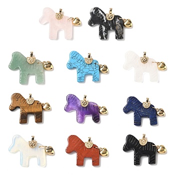 Natural & Synthetic Mixed Stone Carved Pendants, Horse Charms with Brass Heart, Golden, Mixed Dyed and Undyed, 37.5~38.5x38.5~42x8~8.5mm, Hole: 5.5x3.5mm