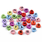 Opaque Acrylic Enamel Beads, Horizontal Hole, Heart with Mixed Black Letters, Mixed Color, 7x7x4mm, Hole: 1.5mm, about 3600pcs/500g(MACR-S273-37)