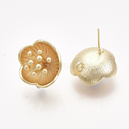 Brass Stud Earring Findings, with Loop, Real 18K Gold Plated, Nickel Free, Flower, 15.5x16mm, Hole: 1.2mm, Pin: 0.8mm(KK-T038-587G-NF)
