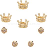 CHGCRAFT 8Pcs 2 Styles CZ Brass Micro Pave Grade AAA Cubic Zirconia Beads, Cadmium Free & Nickel Free & Lead Free, Crown & Round, Golden, 4pcs/style(KK-CA0001-38G)