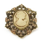 Alloy Rhinestone Brooch for Clothes Backpack, with Resin, Flower with Women, Antique Golden, 58x48x13.5mm(JEWB-Q030-53AG)