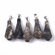 Natural Agate Pendants, with Iron Pinch Bail, Teardrop, Platinum, 39~41x15~16mm, Hole: 7.5x4mm(G-S359-059P)