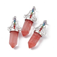Cherry Quartz Glass Big Pendants, 7 Chakra Faceted Bullet Charms, with Platinum Plated Brass Findings and Colorful Rhinestone, Cadmium Free & Lead Free, 55x22.5x16mm, Hole: 8x5mm(G-I342-01P-01)