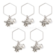 Alloy Bees and Iron Bell Pendant Decoration, with Brass Hexagon Ring, Platinum, 39mm, 10pcs/set(HJEW-JM01307-02)