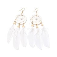 Feather Woven Net Chandelier Earrings, Alloy Long Tassel Drop Earrings for Women, White, 126mm, Pin: 0.6mm(EJEW-H090-01E)