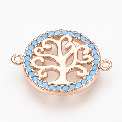 Brass Micro Pave Cubic Zirconia Links, Flat Round with Tree of Life, Cornflower Blue, Rose Gold, 19x14.5x2mm, Hole: 1mm(ZIRC-T004-91RG)