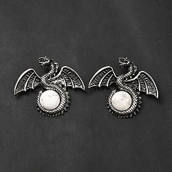 Natural Howlite Big Pendants, Dragon Charms, with Rack Plating Antique Silver Tone Alloy Findings, Cadmium Free & Lead Free, 49x56x12mm, Hole: 6~6.5mm(G-B033-07W)