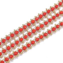 Brass Handmade Faceted Glass Beaded Chains, with Spool, Soldered, Long-Lasting Plated, Real 18K Gold Plated, Rondelle, Orange Red, 7x3.5mm, about 16.4 Feet(5m)/roll(CHC-F012-04A)