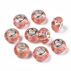 Transparent Resin European Beads, Large Hole Beads, with Platinum Tone Brass Double Cores and Glitter Powder, Rondelle, Dark Salmon, 13.5x8.5mm, Hole: 5mm(RPDL-N014-04-05)