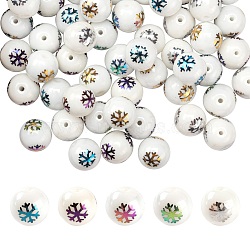 50Pcs 5 Colors Christmas Opaque Glass Beads, Round with Electroplate Snowflake Pattern, Mixed Color, 10mm, Hole: 1.2mm, 10pcs/color(EGLA-FS0001-05)