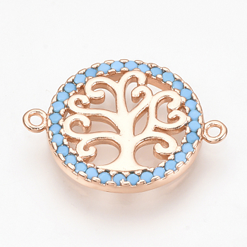 Brass Micro Pave Cubic Zirconia Links, Flat Round with Tree of Life, Cornflower Blue, Rose Gold, 19x14.5x2mm, Hole: 1mm