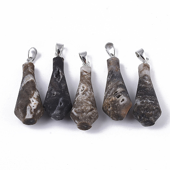 Natural Agate Pendants, with Iron Pinch Bail, Teardrop, Platinum, 39~41x15~16mm, Hole: 7.5x4mm