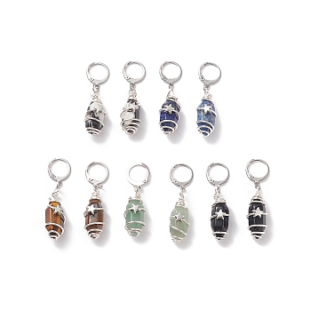 5 Pairs 5 Style Natural Mixed Stone Bullet Dangle Leverback Earrings, 304 Stainless Steel Star Wire Wrap Earrings for Women, Silver, 45mm, Pin: 0.6mm, 1 Pair/style