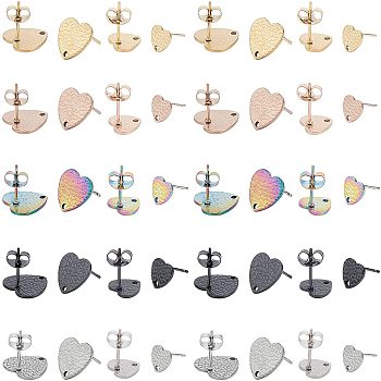 40Pcs 10 Style Vacuum Plating 304 Stainless Steel Stud Earring Findings, with Ear Nuts/Earring Backs and Hole, Textured Heart Shape with Fish Scale, Mixed Color, 4pcs/style