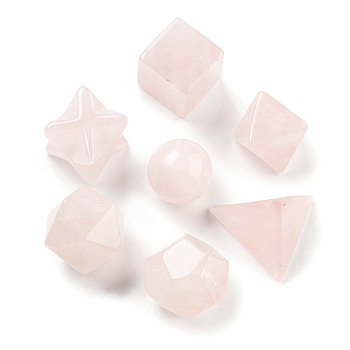 7Pcs Natural Rose Quartz Beads, No Hole/Undrilled, Round & Cube & Merkaba Star, Mixed Shapes, 15~22x15~22x15~21mm