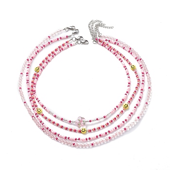 4Pcs 4 Style Smiling Face Flower Acrylic & Glass Seed Beaded Necklaces Set for Women, Pink, 15.16~20.28 inch(38.5~51.5cm), 1Pc/style